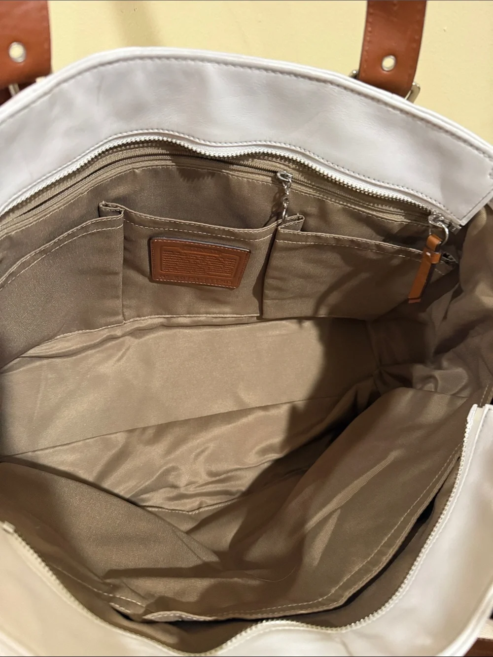 Coach White Leather Tote with Brown Trim and Straps Moms,work, Business Handbag